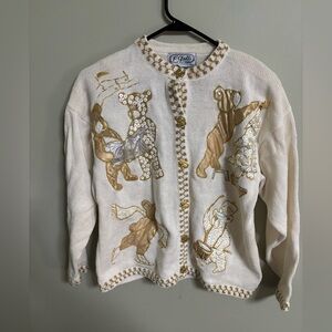 Vintage P Galli Christmas Cardigan Womens Size Small Teddy Bear Embroidered Gold